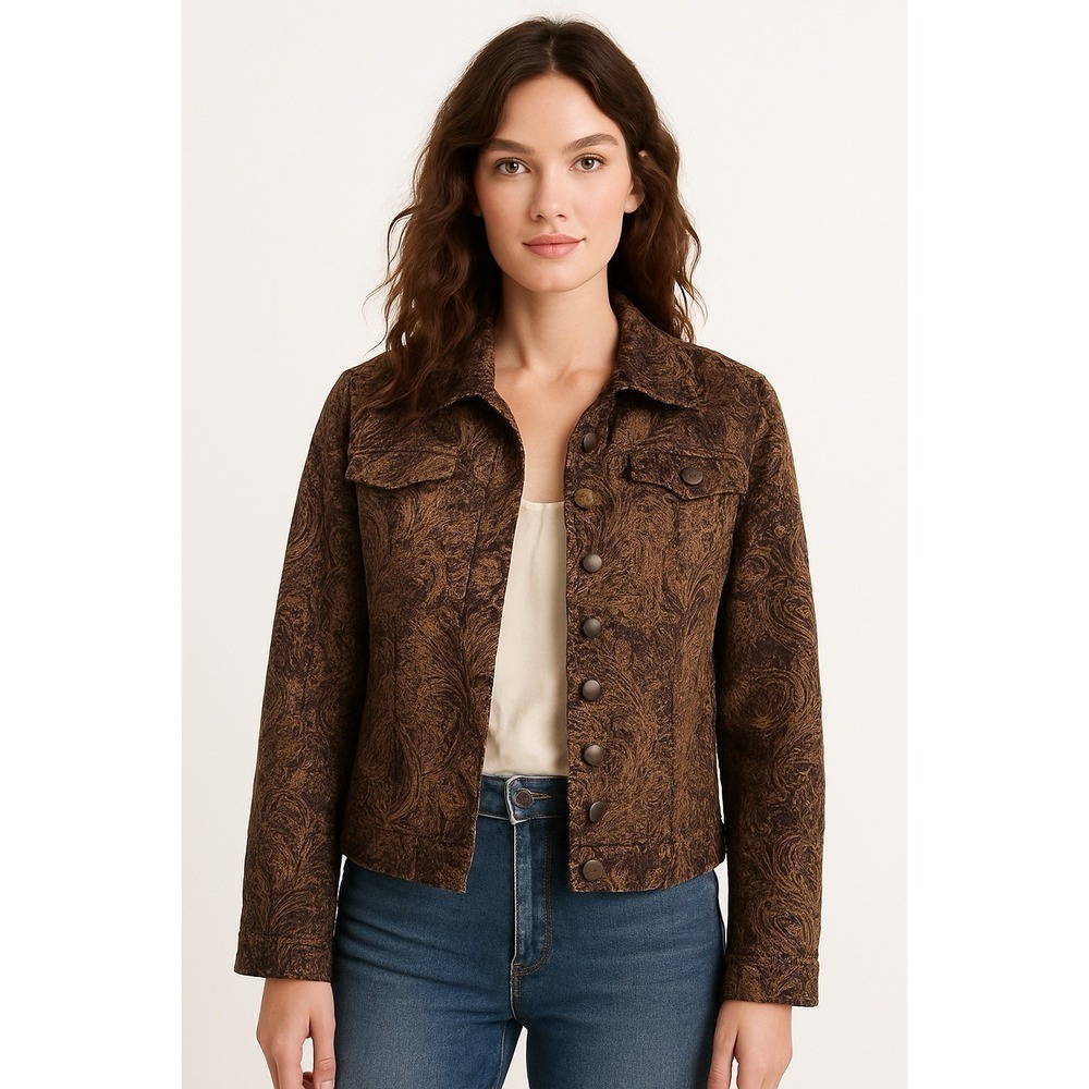 Chico's Size‎ 2 L Metallic Paisley Jacquard Button Jacket Boho Evening Coat